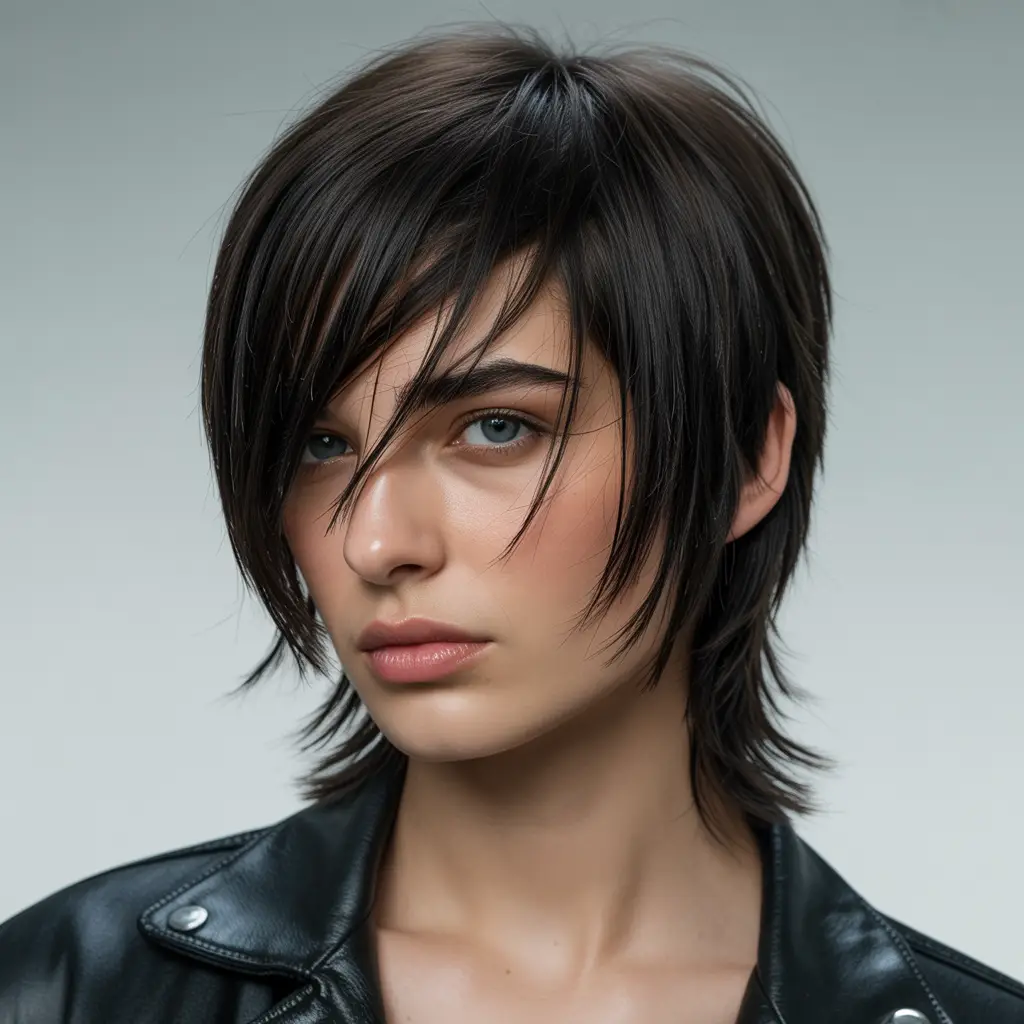 Classic Black Emo Shag with Side-Swept Bangs