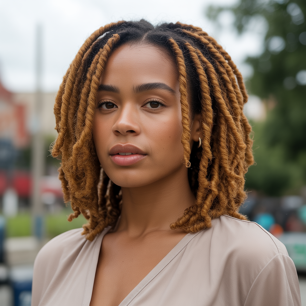 Loose shoulder-length locs with face-framing color