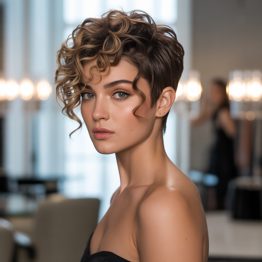 Volume-focused curly pixie cut