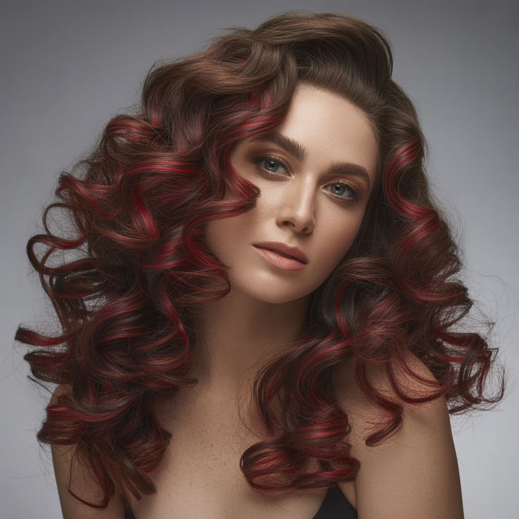 Voluminous curls with cherry lowlights