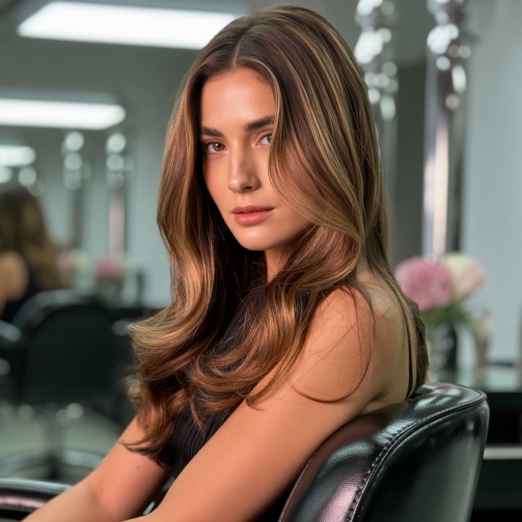Caramel Highlights Ideas for Effortless Warmth & Shine 12 a glamorous beauty portrait showcasing