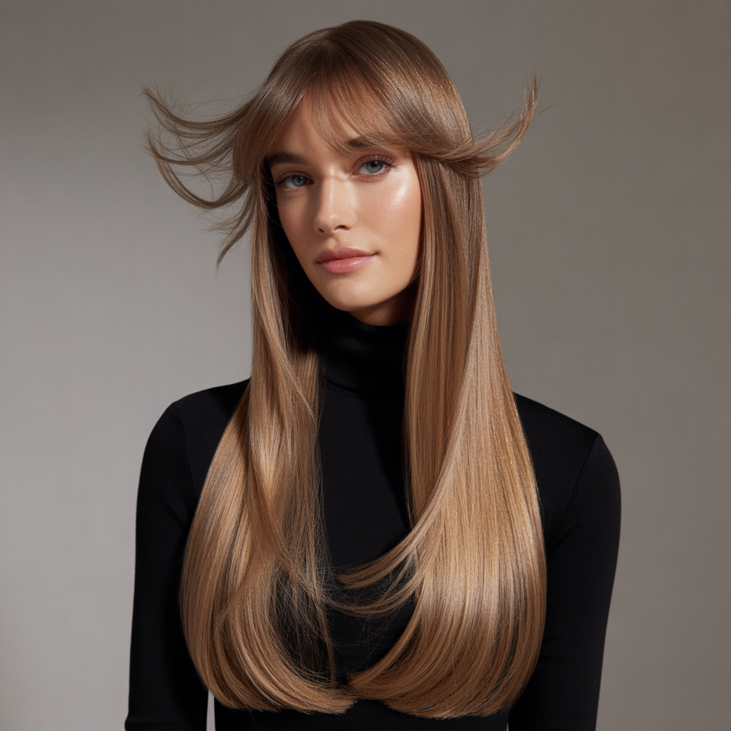 Sleek long hair with feathered fringe