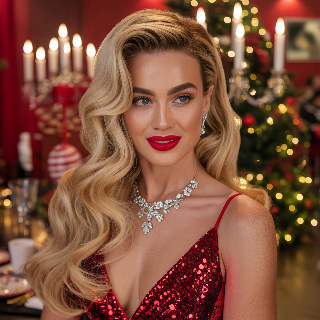 18 Christmas Hairstyles to Shine This Festive Season 2 a glamorous woman with long blonde holly YKKBohNMRiShqyDB40ZuQw WltXkx