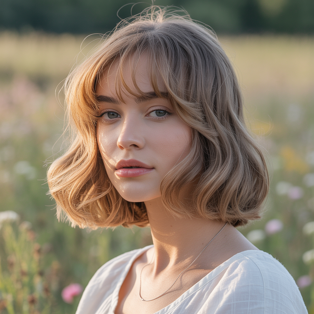 Blended bangs with soft curtain layers