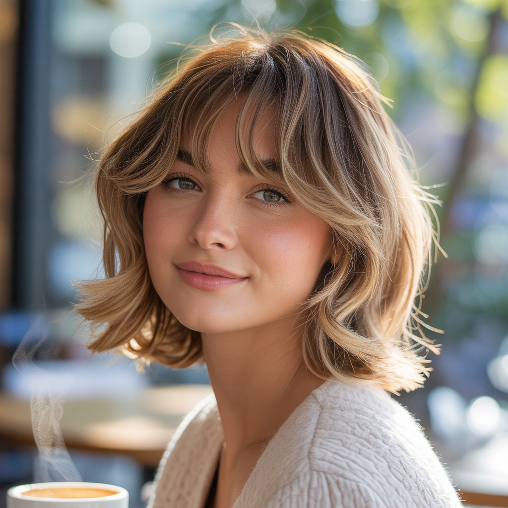 Short shag with curtain bangs for round faces