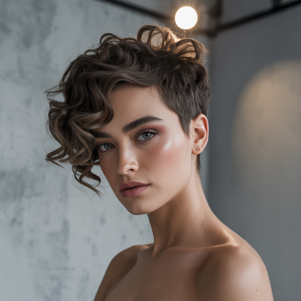 Asymmetrical curly pixie cut
