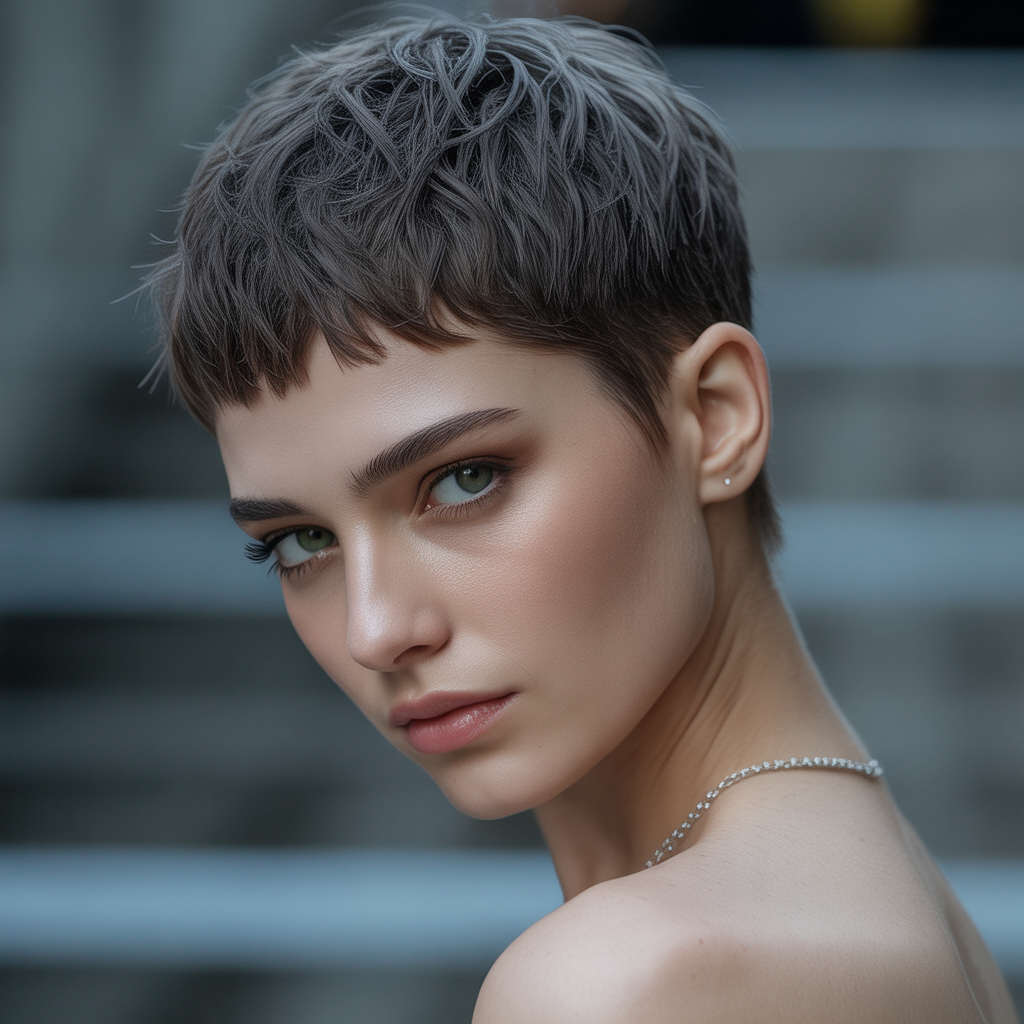 Textured pixie-shag with micro bangs