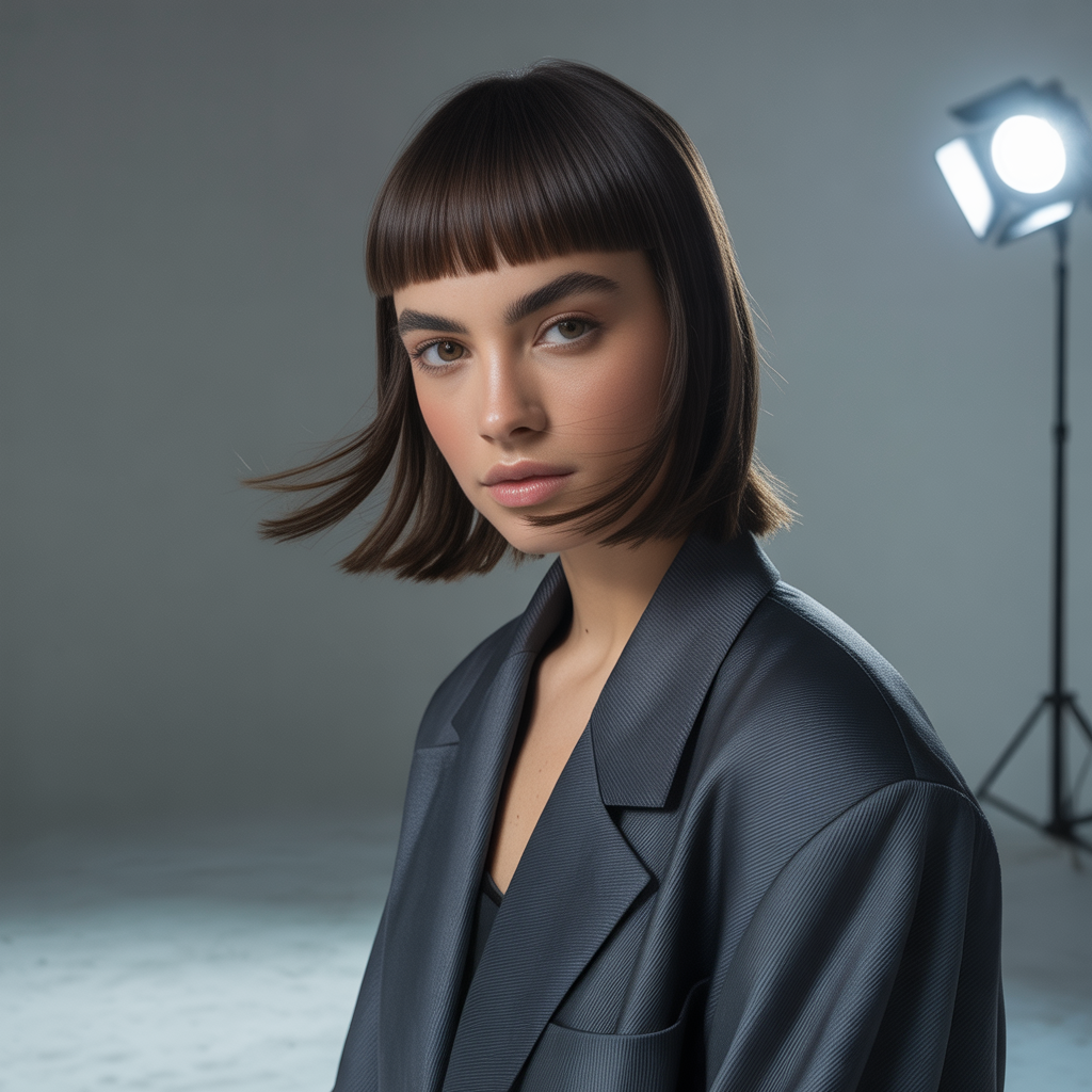 Blunt-cut shag with thick blunt bangs