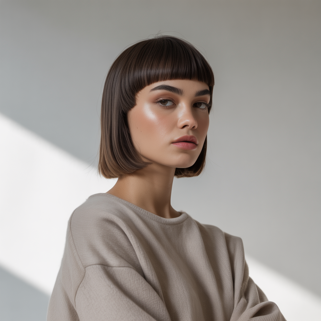 Sleek straight shag with eyebrow-grazing bangs