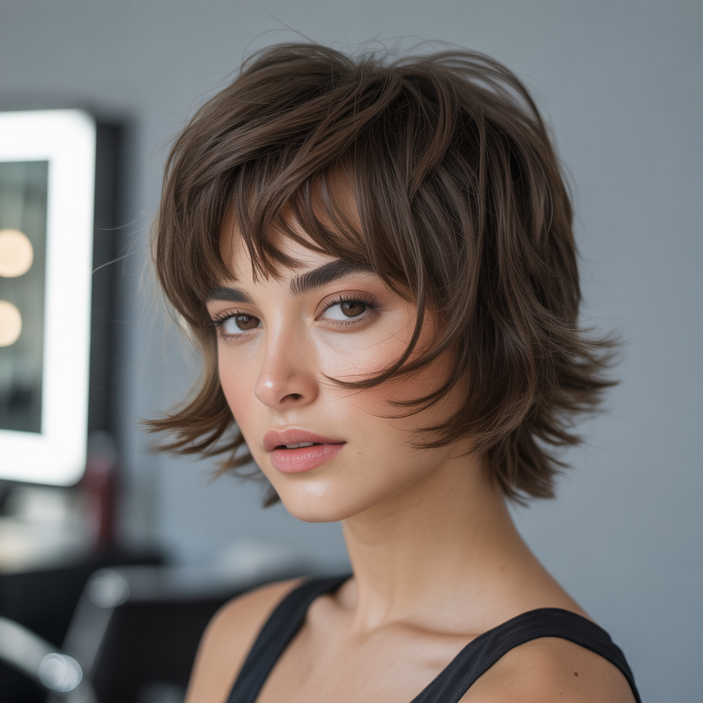Short shag with face-framing layers and bangs