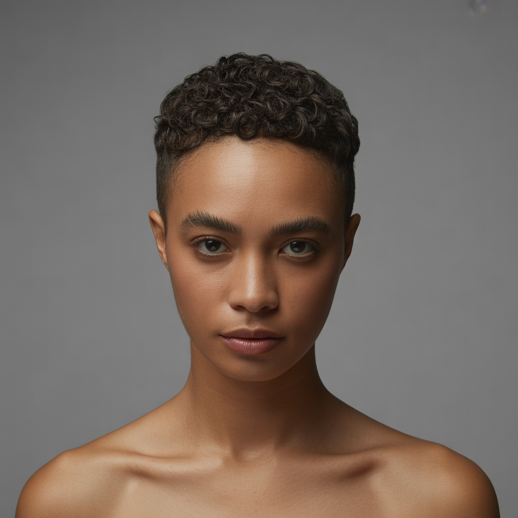 Short cropped curly pixie cut