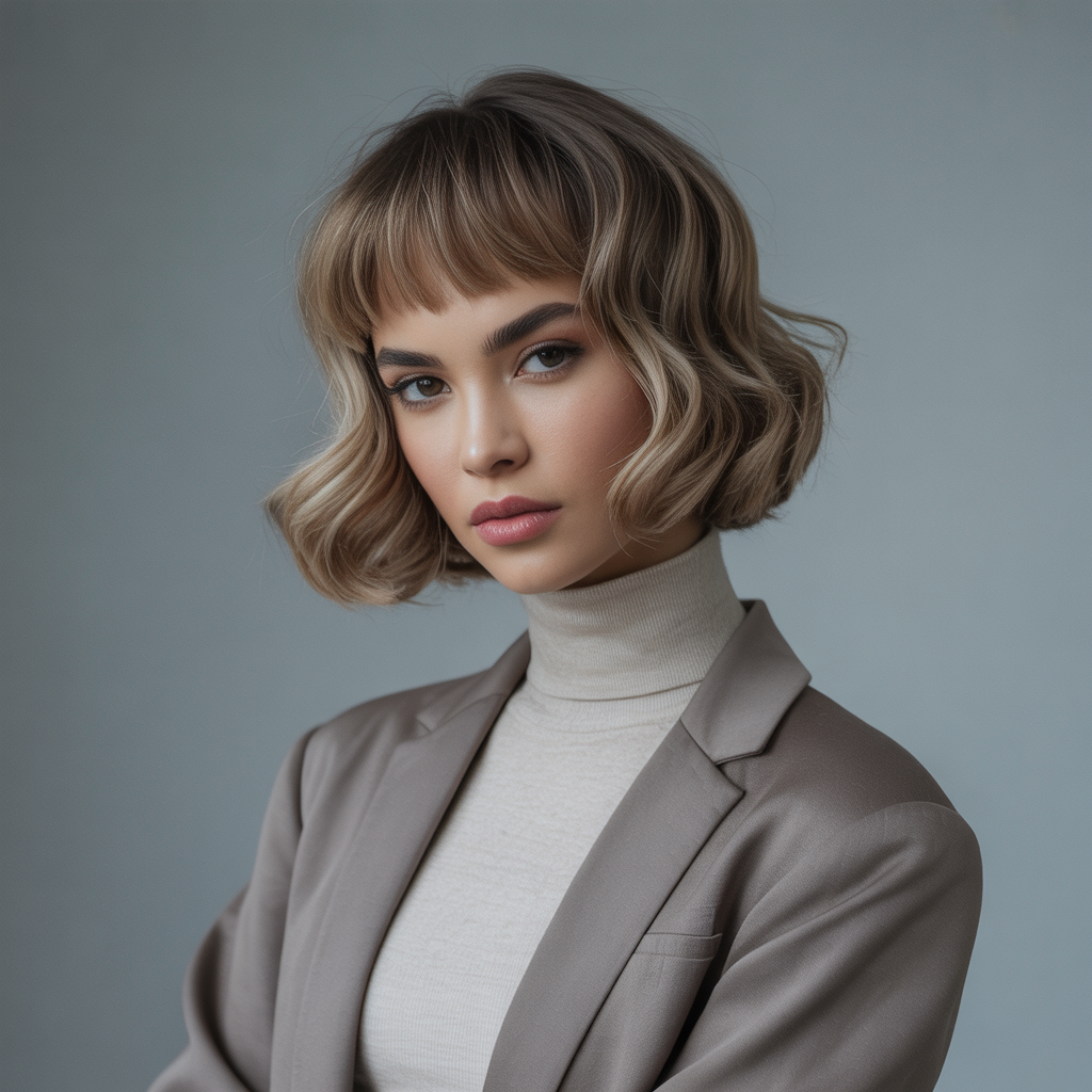 16 Wavy Wolf Cut with Bangs Ideas You’ll Love in 2025 12 a striking studio portrait photograph of LSHf