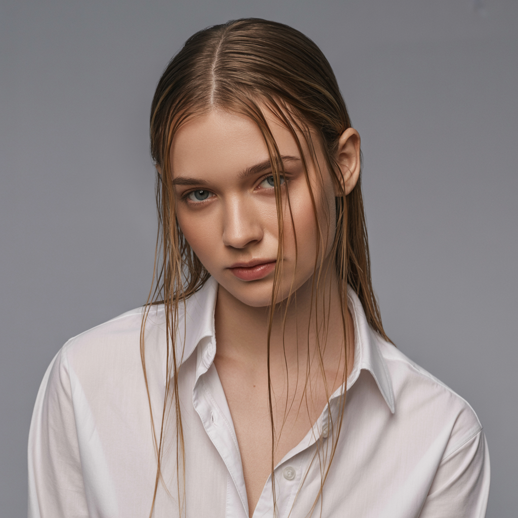 Sleek center-parted long hair