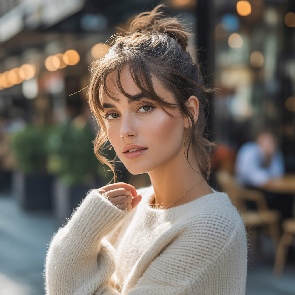 Messy bun with wisps and face-framing pieces