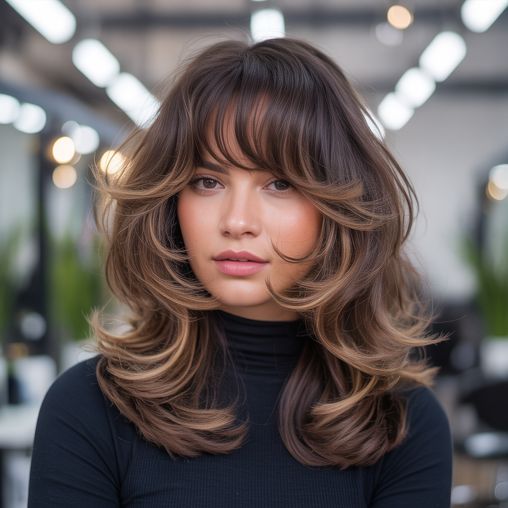 Long shag with curtain-swept fringe (alternative phrasing)