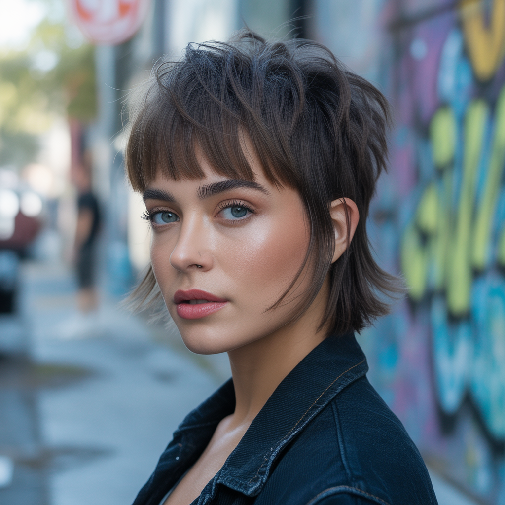 Shaggy mullet-inspired short cut with bangs