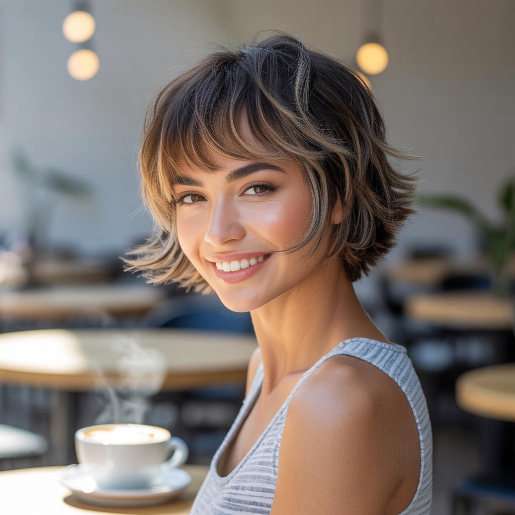 Short shag with peekaboo highlights and bangs