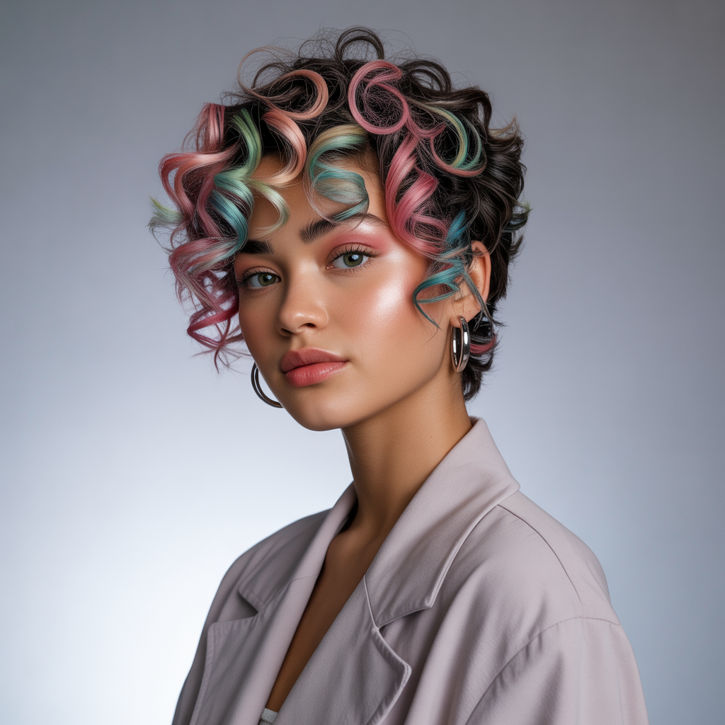 Curly pixie cut with color accent