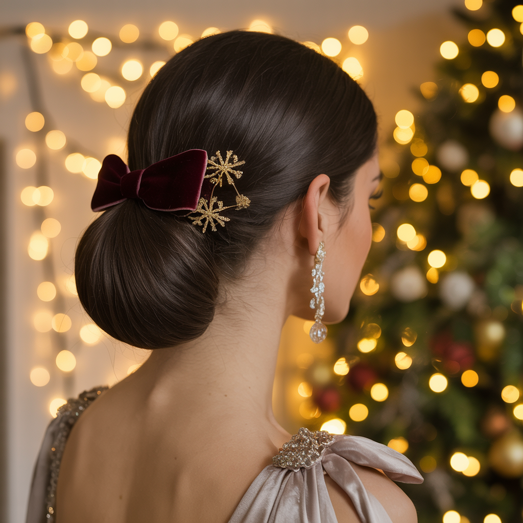 18 Christmas Hairstyles to Shine This Festive Season 3 a woman with dark hair in a sleek low bu QFj2fzryRla6LbJueEdIMQ ekN q99LQ iQI0xSflcJ g