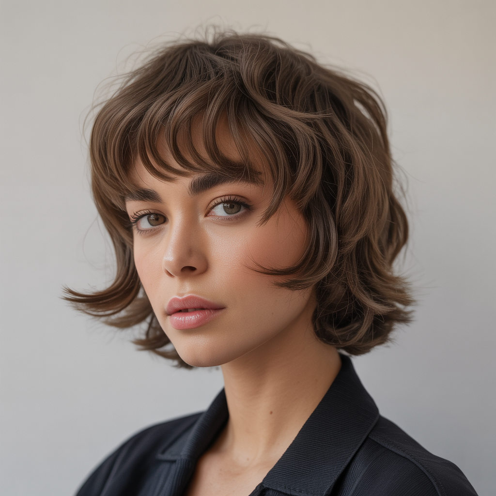 Short shag with heavy bangs for balance on long faces