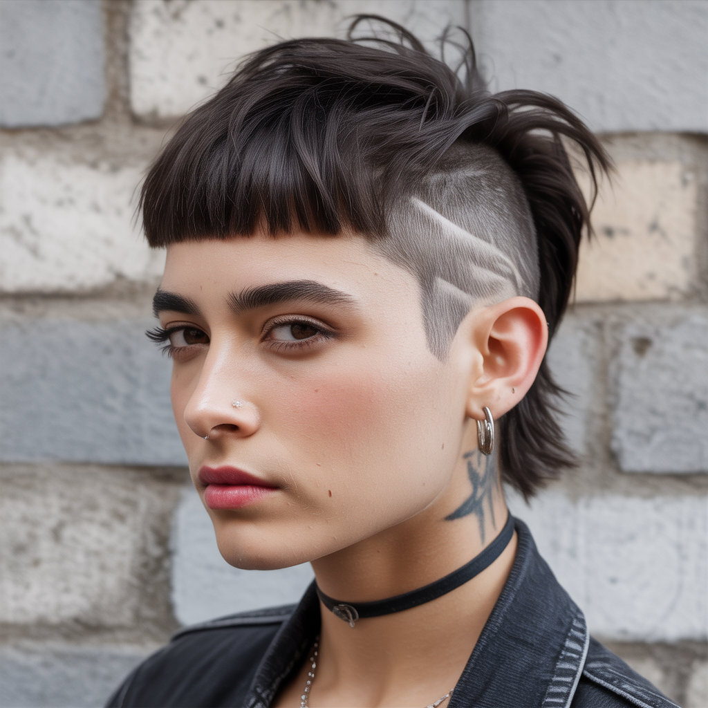 Short shag with shaved sides and fringe