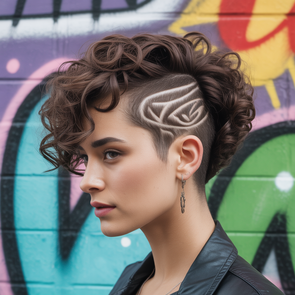 Curly pixie cut with shaved design