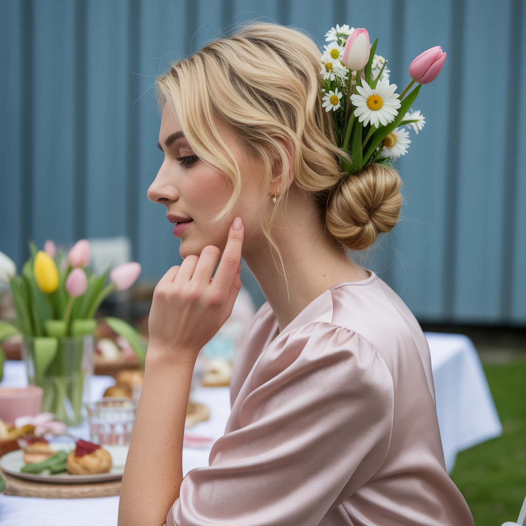 Twisted Low Bun with Fresh Flowers