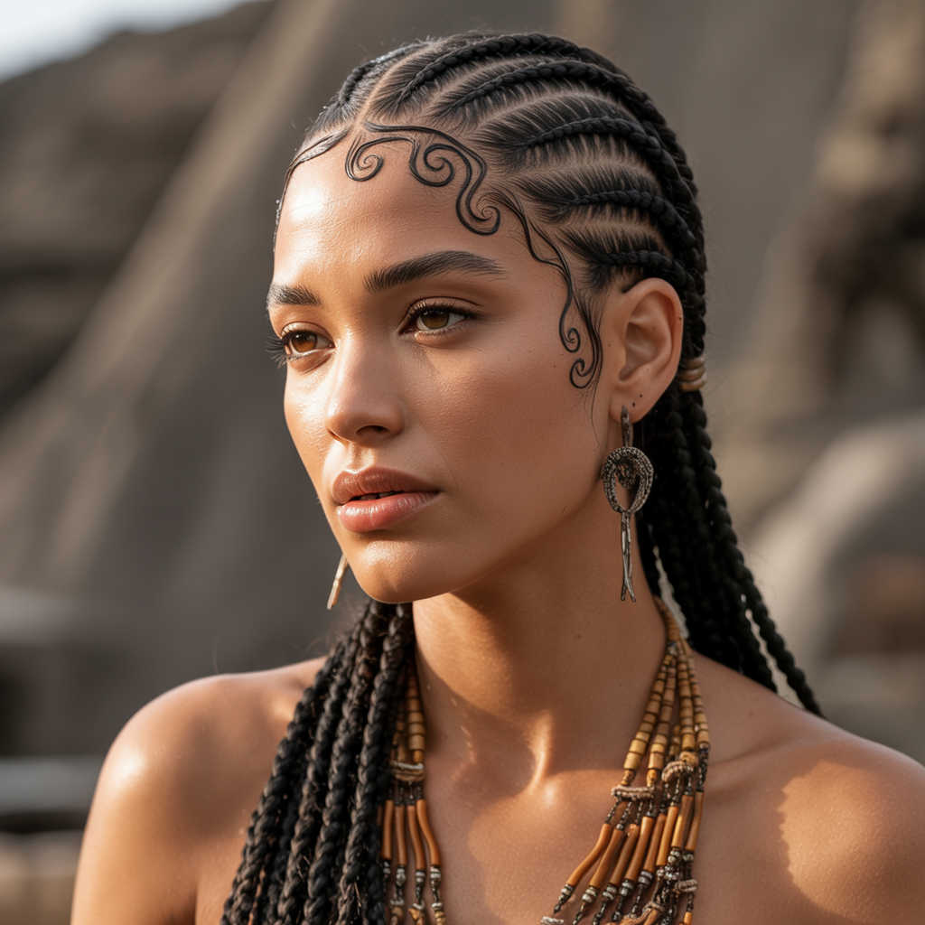Goddess Cornrows with Curved Patterns