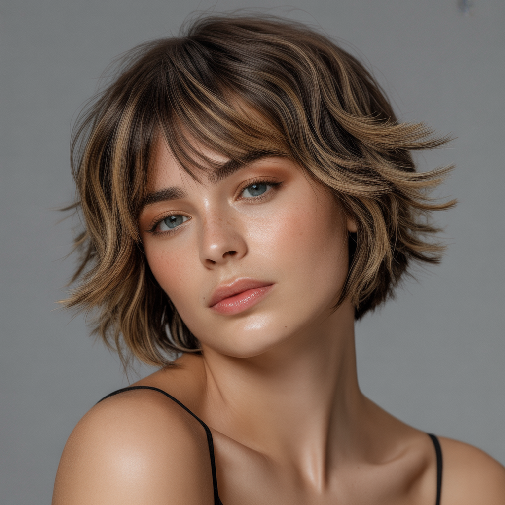 Layered choppy bob with curtain bangs