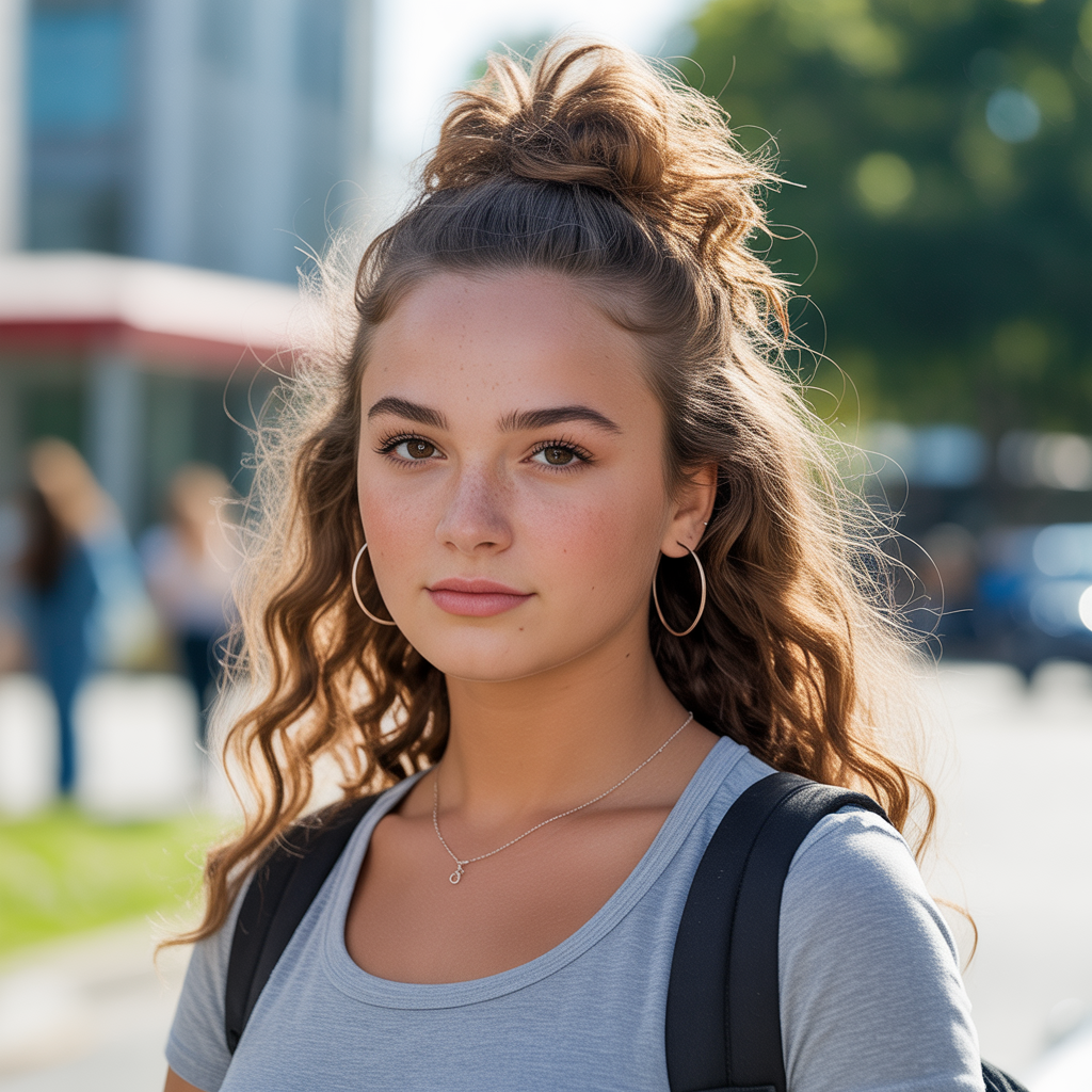 Messy bun with face-framing tendrils