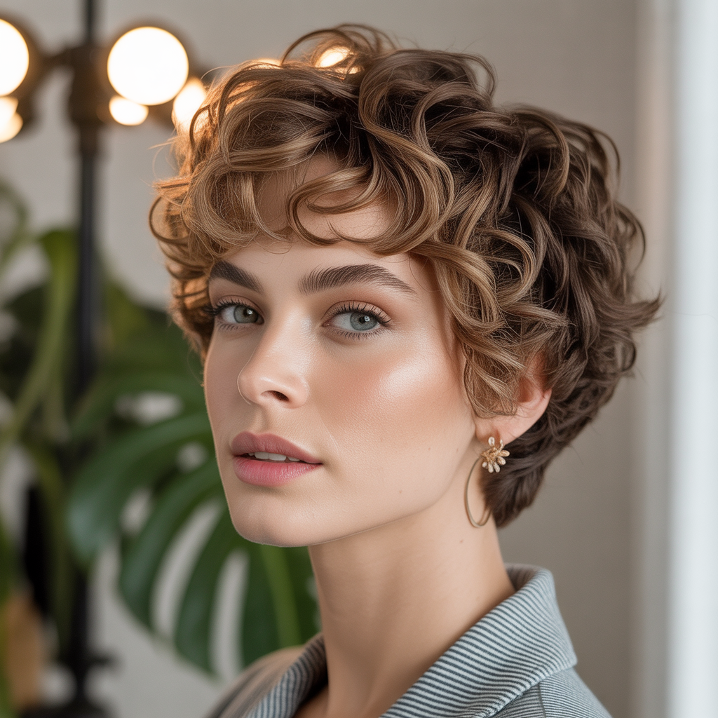 Soft layered curly pixie cut