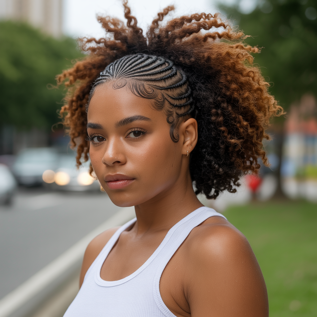 15 Swirl Cornrows Inspiration for a Fresh New Look 14 Swirl Cornrows with Natural Hair Puff