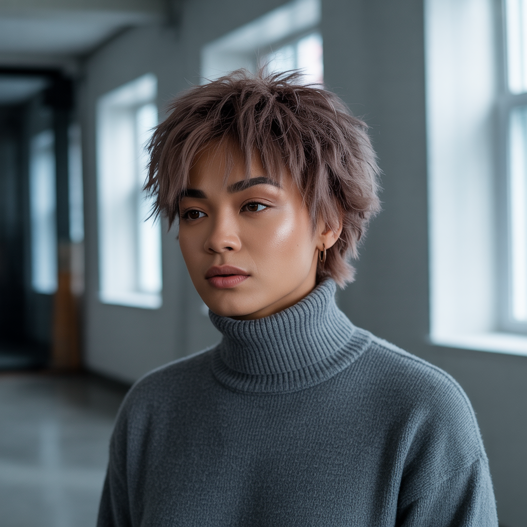 Ash brown wolf cut with shaggy texture