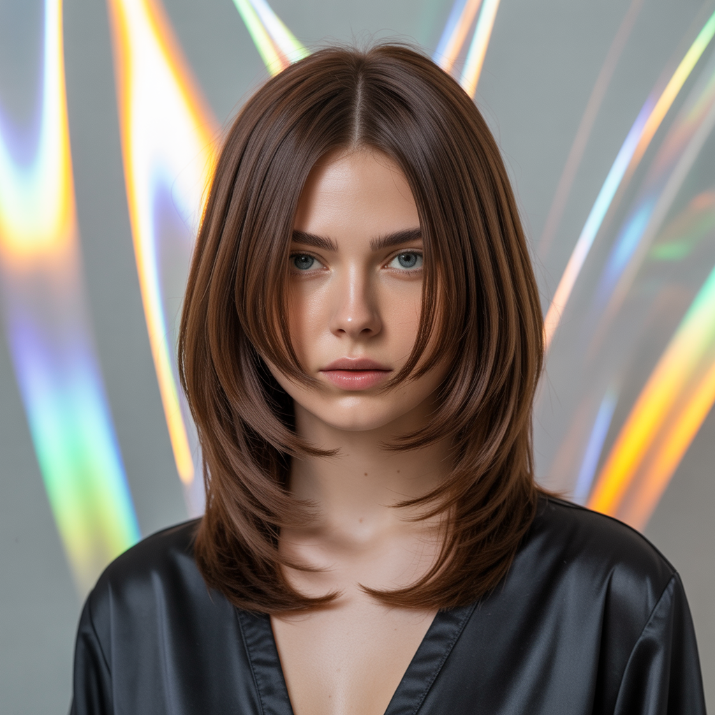 Chocolate brown wolf cut with straight layers