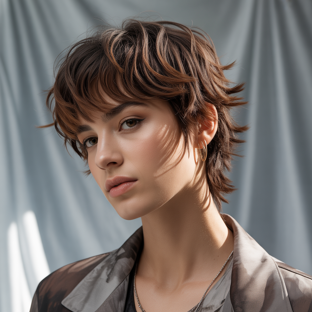 Cool-toned brown wolf cut with wispy ends