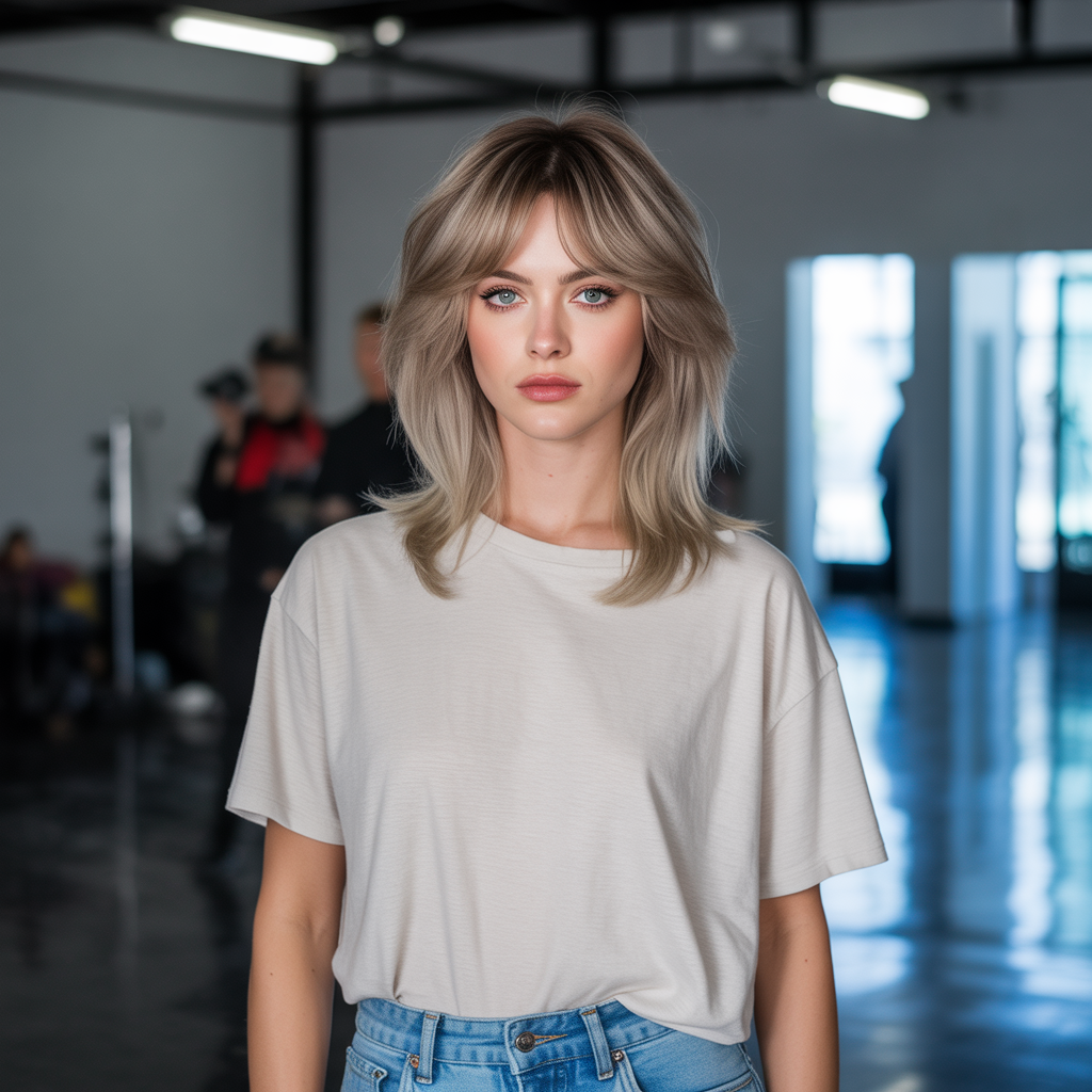 Curtain Bangs with a Medium Wolf Cut