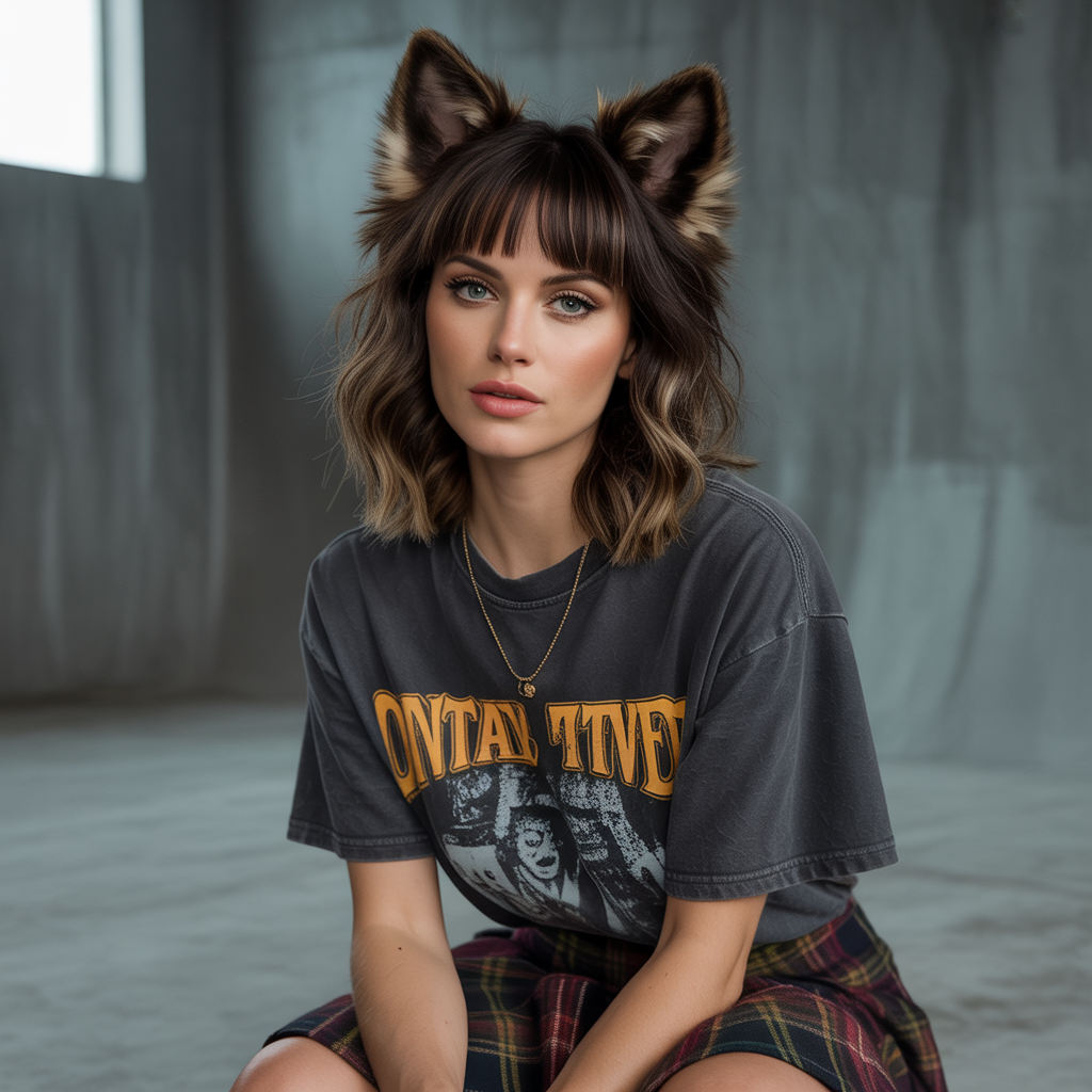Dark brown wolf cut with curtain bangs