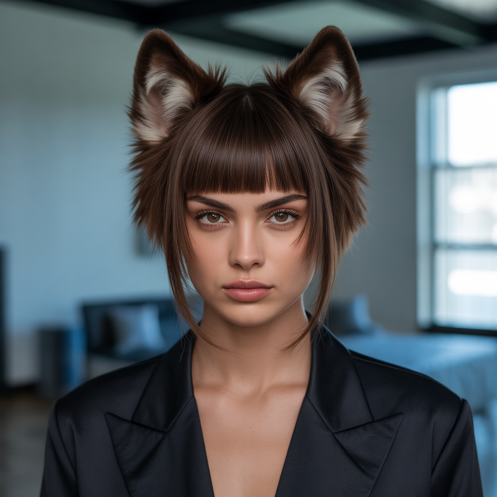 Espresso brown wolf cut with blunt bangs