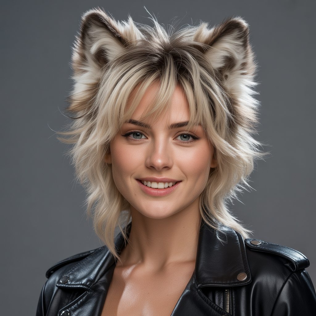 Fluffy Wolf Cut with Blonde Highlights