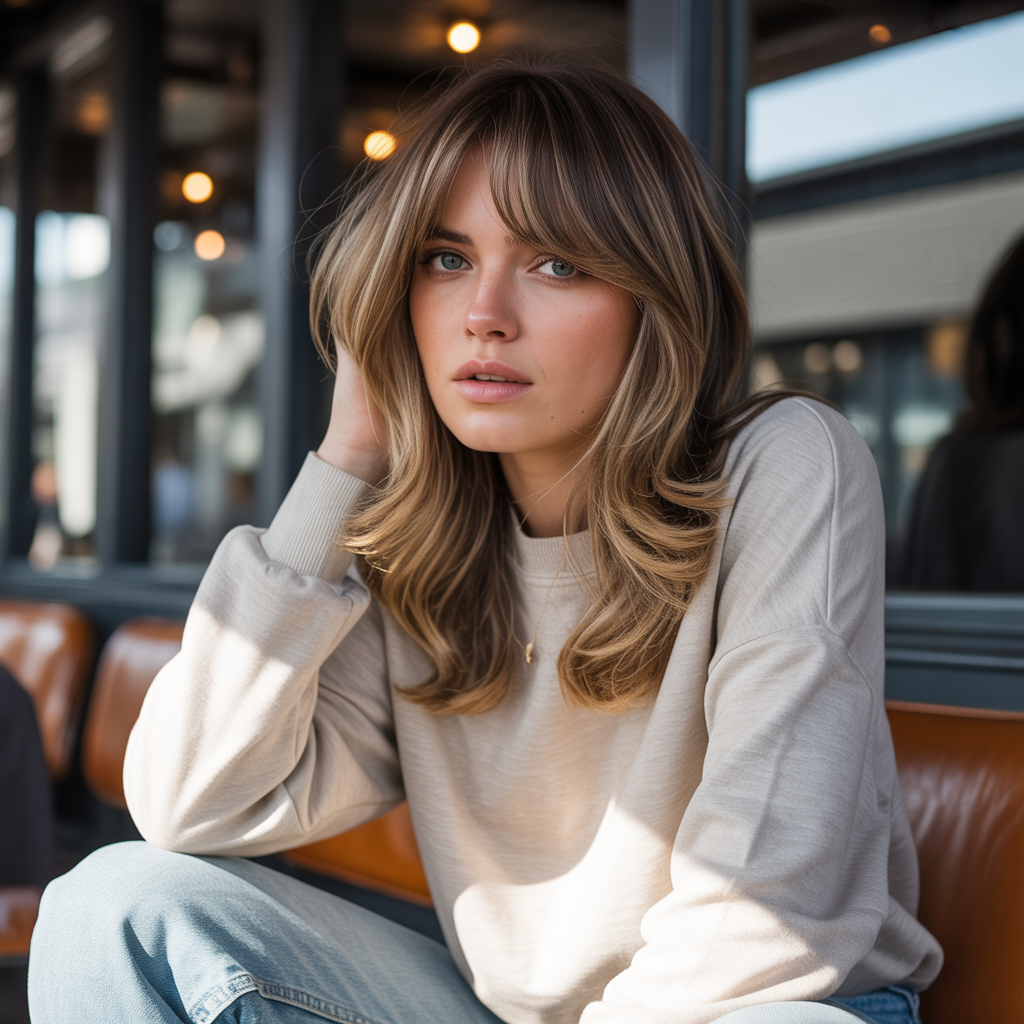 Long Layered Haircut with Curtain Bangs