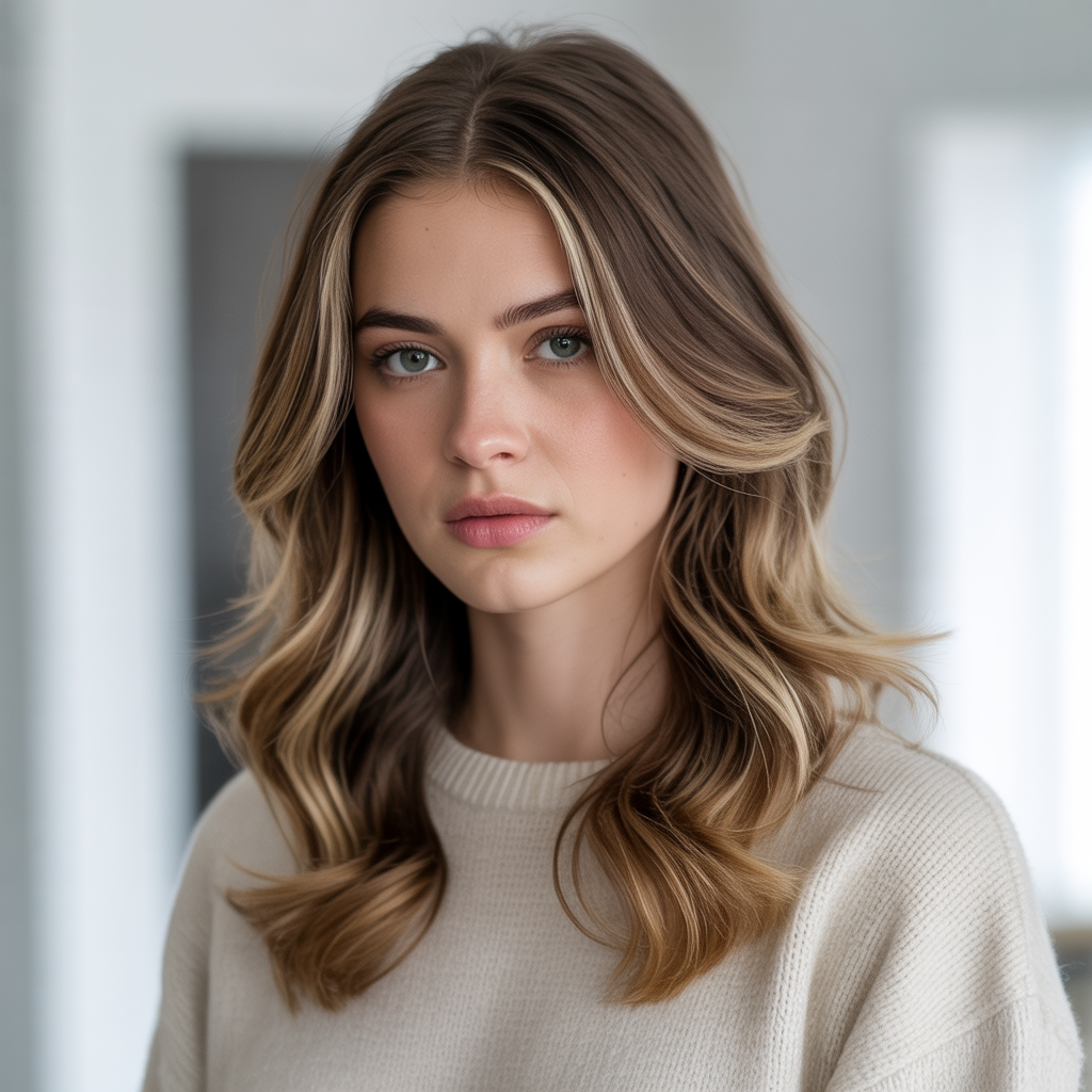 Long wolf cut with caramel highlights