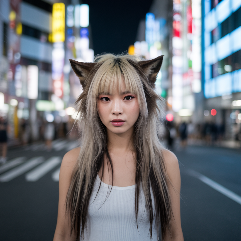 Long wolf cut with face-framing streaks