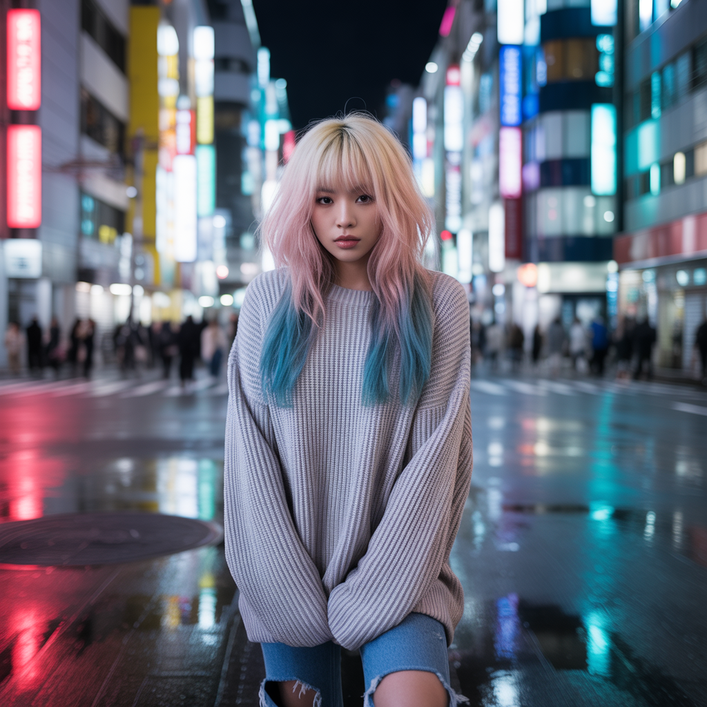 Long wolf cut with pastel streaks