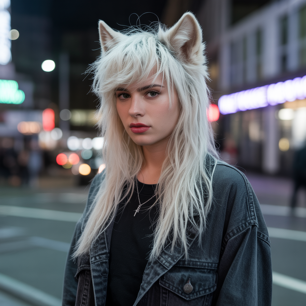 Long wolf cut with platinum blonde