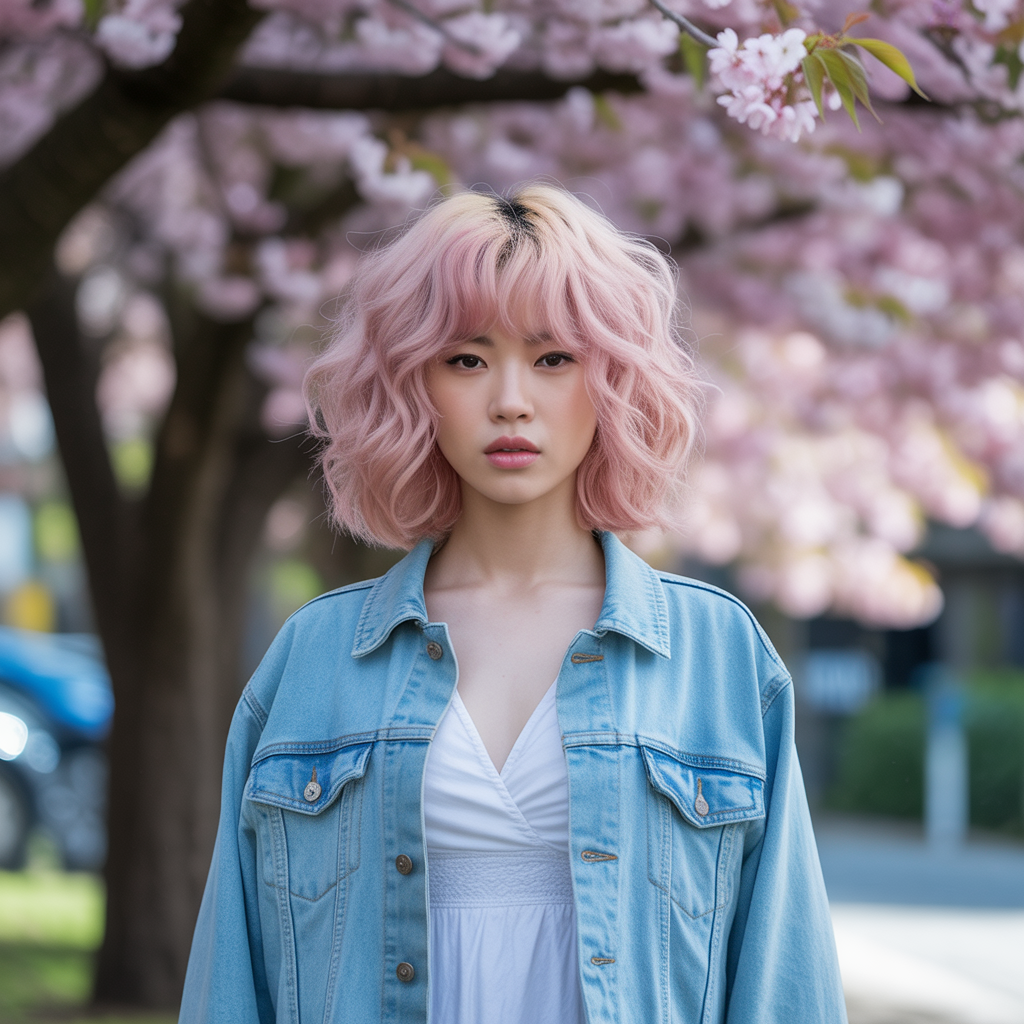 Pink Wolf Cut with Wavy Hair