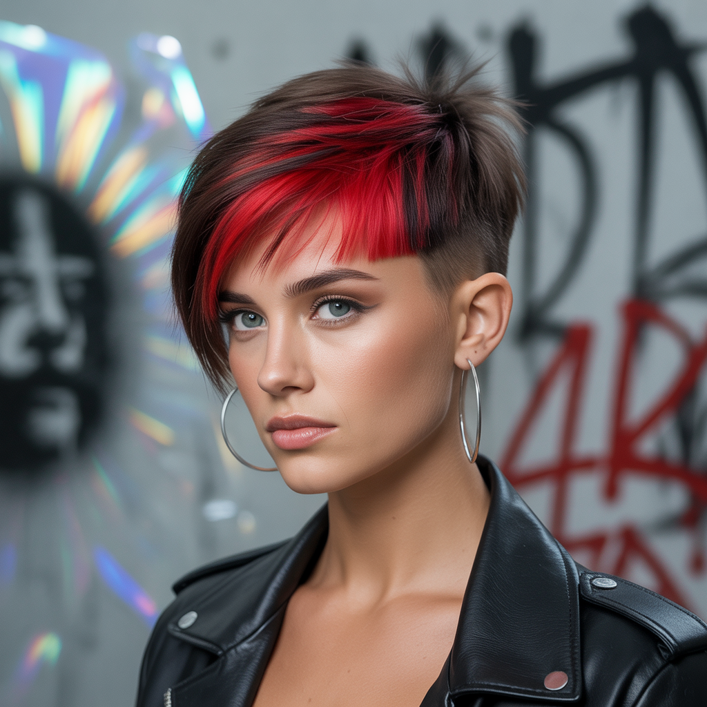 Red Accents On Wolf Cut With Highlights
