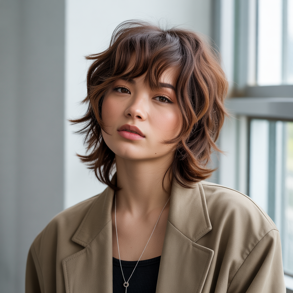 Rich brunette wolf cut with layered bangs