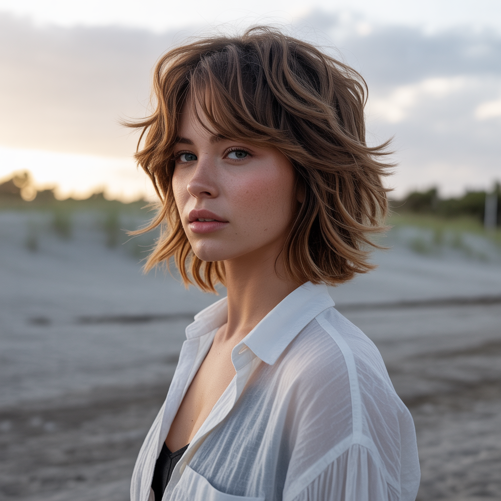 Sandy brown wolf cut with piecey layers