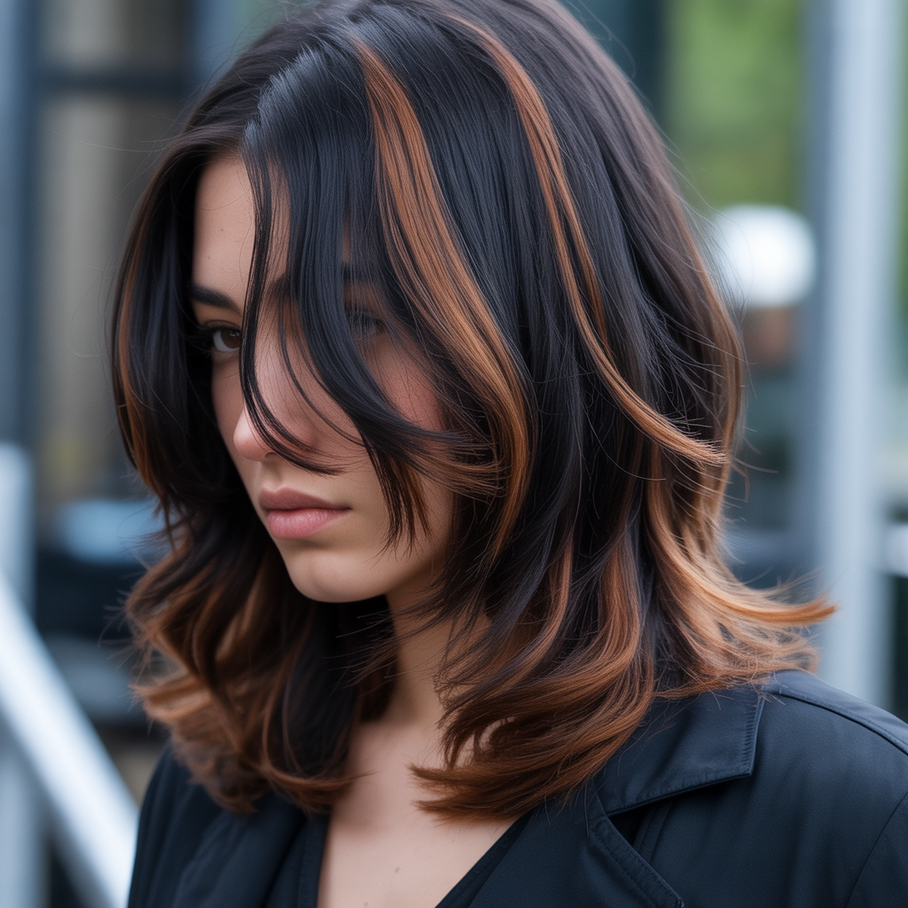 Subtle Chestnut Highlights on Black Hair