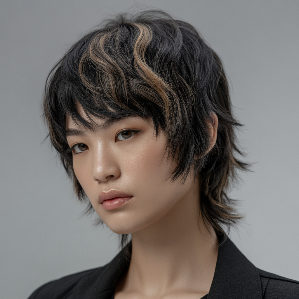 Wolf Cut With Highlights For Dark Hair